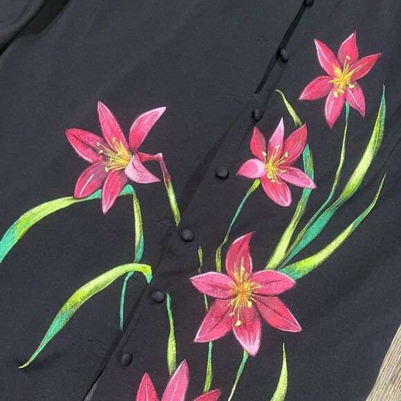 St. Croix By Island Stuff Tunic Top Floral Button Up 3/4 Sleeve Black Size S - Picture 2 of 4